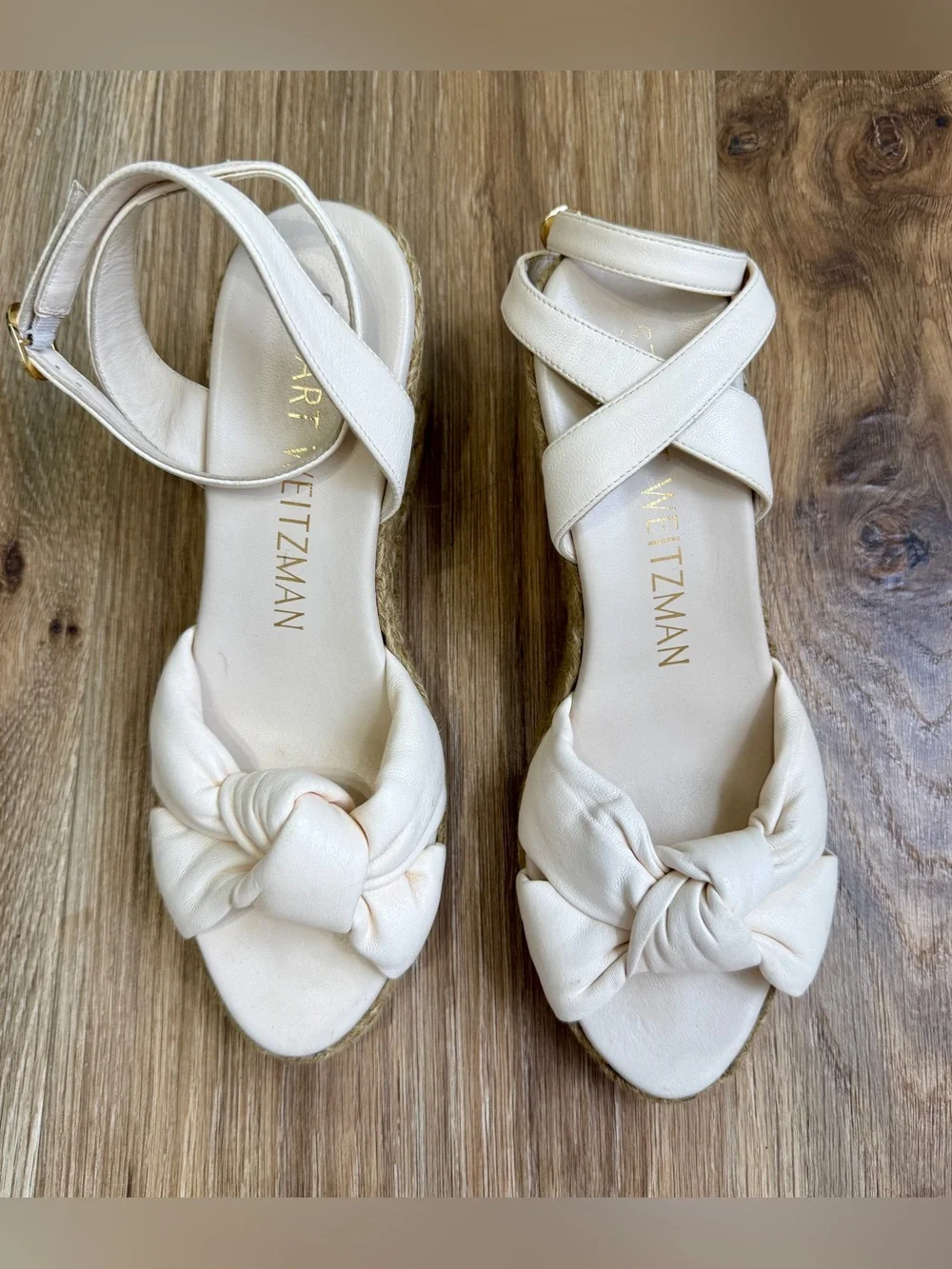 Stuart Weitzman Knotted Leather Espadrille Wedge Sandals White Size 7B